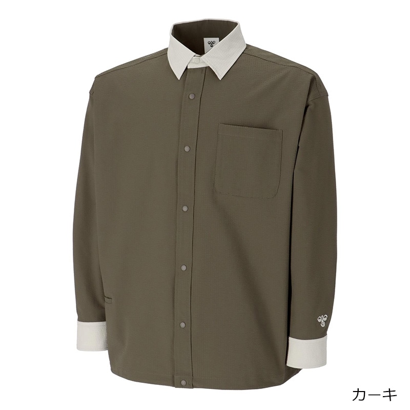 hummel ヒュンメル プレイシアサッカー長袖フルボタンシャツ(カーキ