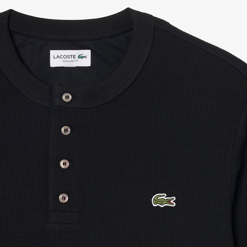 LACOSTE ラコステ ヘンリーネック ワッフル Tシャツ(ブラック): 通常