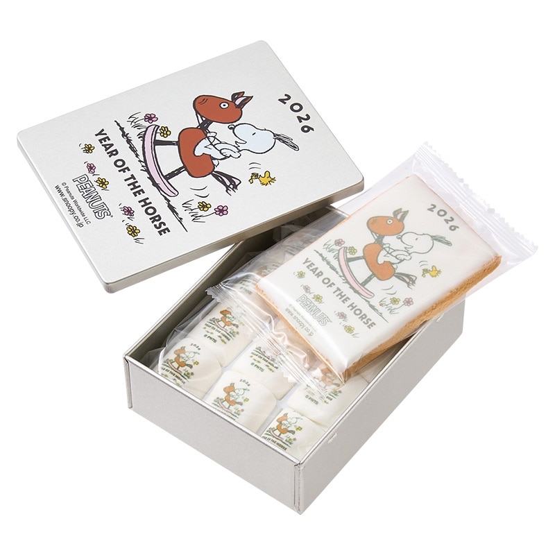 スヌーピー PEANUTS 干支缶 ホース(クッキー・マシュマロ入り