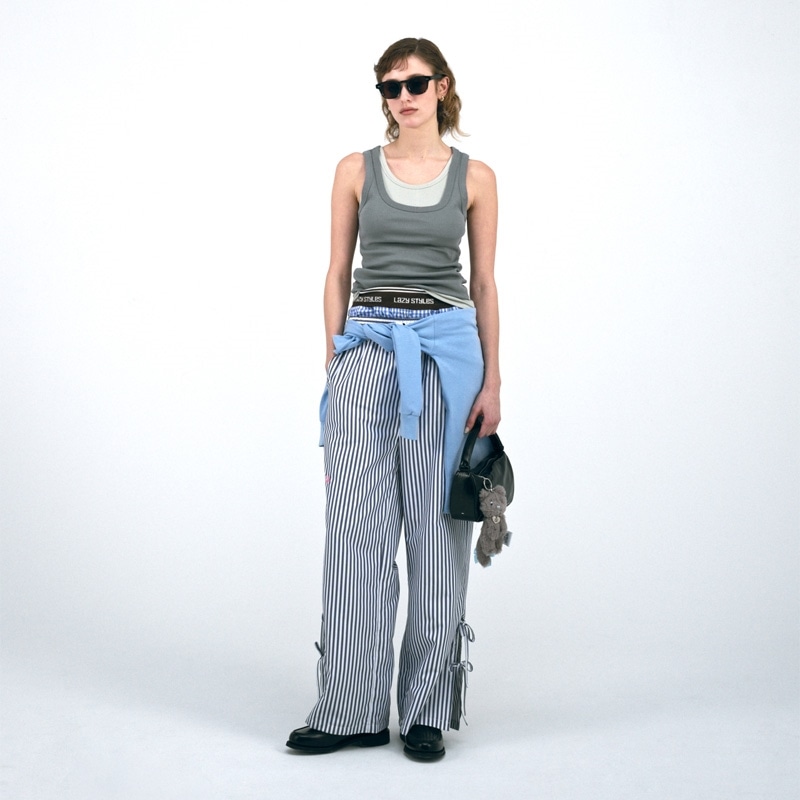 ブラックストライプ ワイドパンツ Mサイズ PUSH PUSH ストライプ