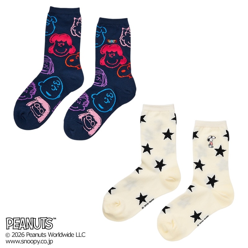 スヌーピー PEANUTS フェイスソックス 2足セット(ネイビー/アイボリー