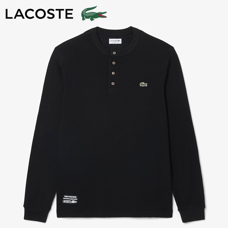 LACOSTE ラコステ ヘンリーネック ワッフル Tシャツ(ブラック): 通常