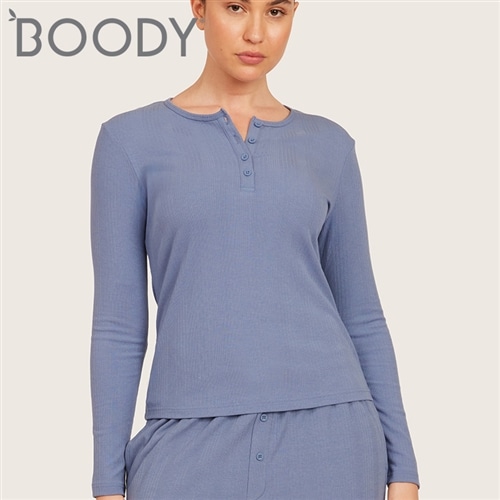 BOODY ブーディ AiraRib(TM) ロングスリーブ ヘンリー トップ スティールブルー